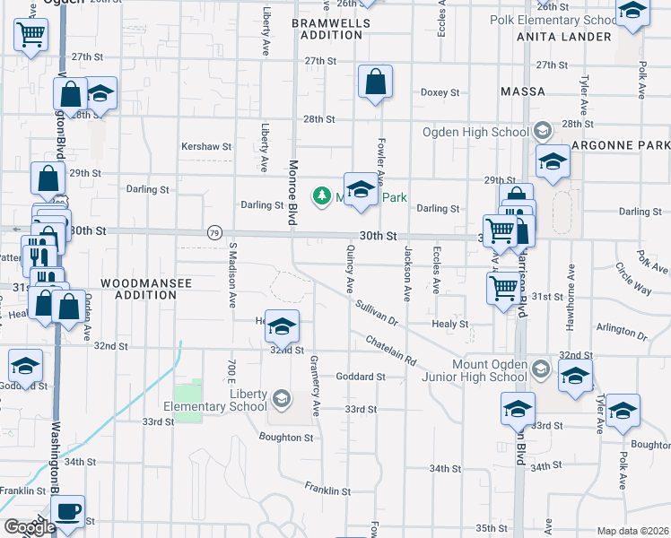 map of restaurants, bars, coffee shops, grocery stores, and more near 3025 Quincy Avenue in Ogden