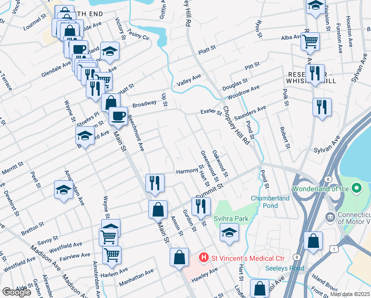 map of restaurants, bars, coffee shops, grocery stores, and more near 138 Quarry Street in Bridgeport