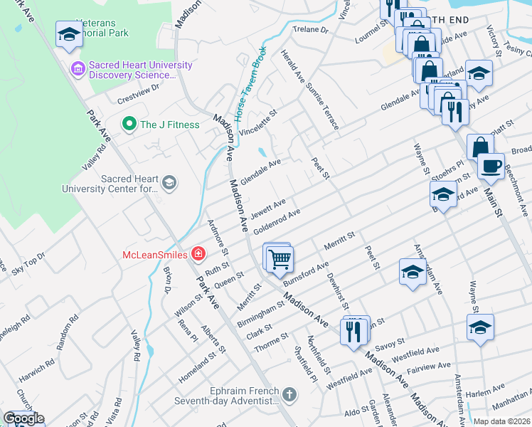 map of restaurants, bars, coffee shops, grocery stores, and more near 694 Jewett Avenue in Bridgeport