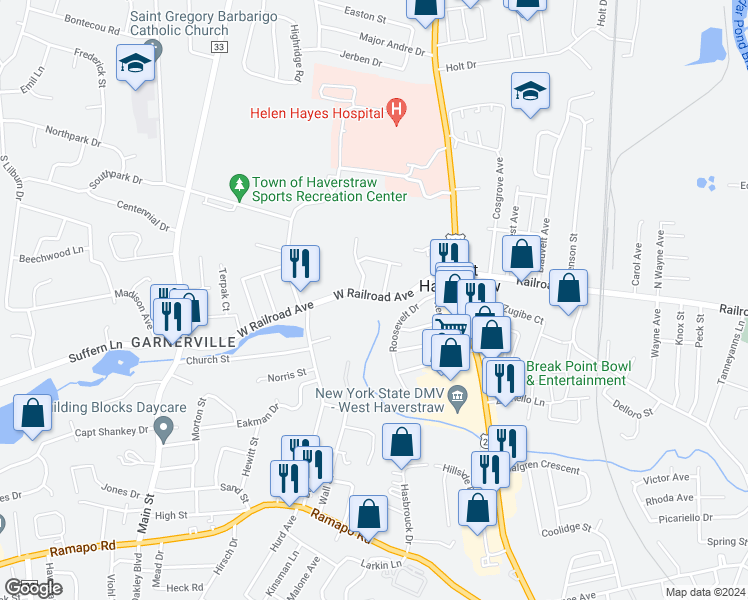 map of restaurants, bars, coffee shops, grocery stores, and more near 5 Andrews Drive in West Haverstraw
