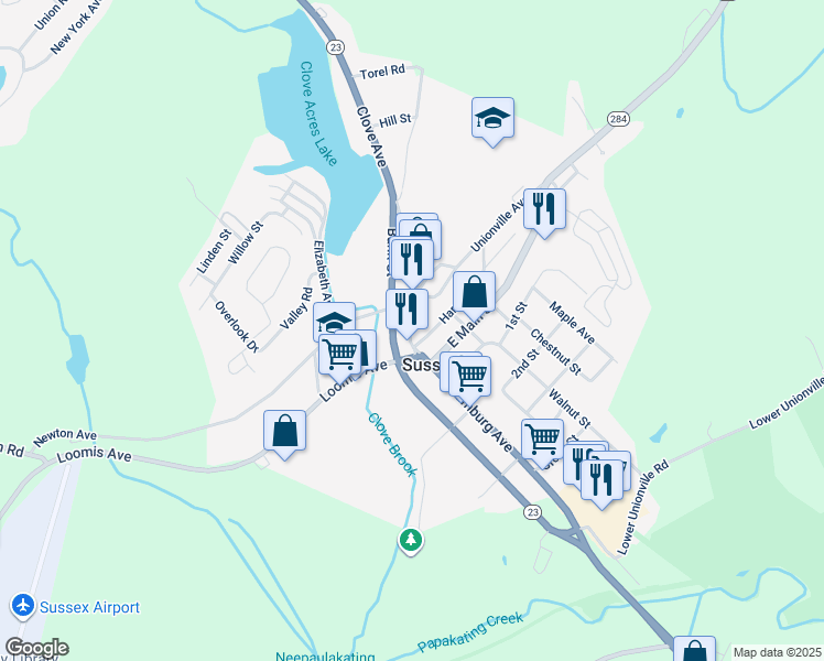 map of restaurants, bars, coffee shops, grocery stores, and more near 16 Newton Avenue in Sussex