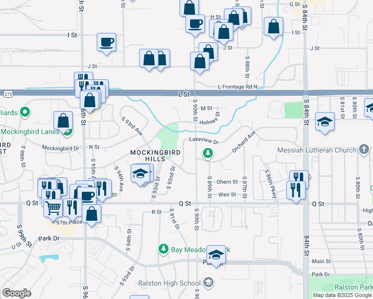 map of restaurants, bars, coffee shops, grocery stores, and more near 4906 South 91st Street in Omaha