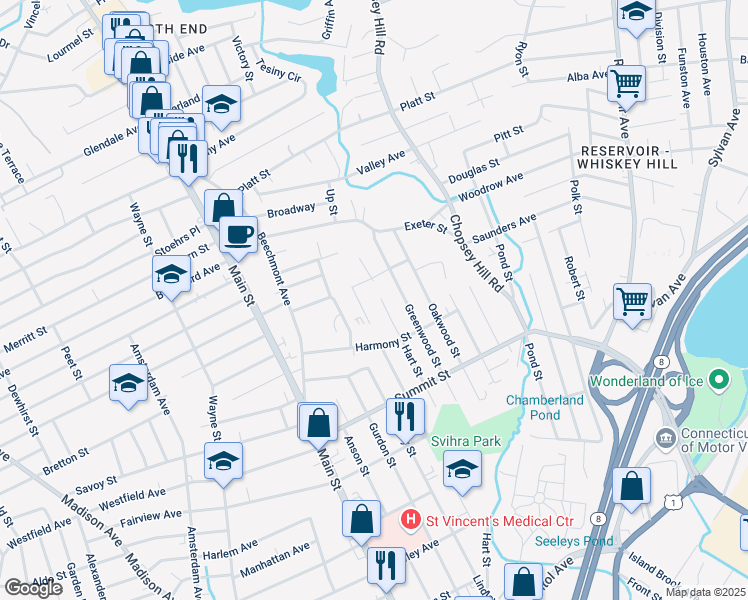 map of restaurants, bars, coffee shops, grocery stores, and more near 138 Quarry Street in Bridgeport