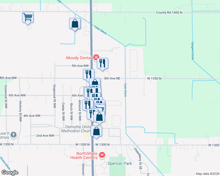 map of restaurants, bars, coffee shops, grocery stores, and more near 117 8th Avenue Northeast in De Motte