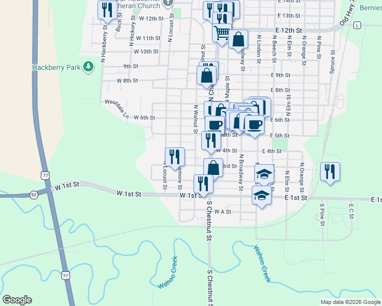 map of restaurants, bars, coffee shops, grocery stores, and more near 415 North Walnut Street in Wahoo