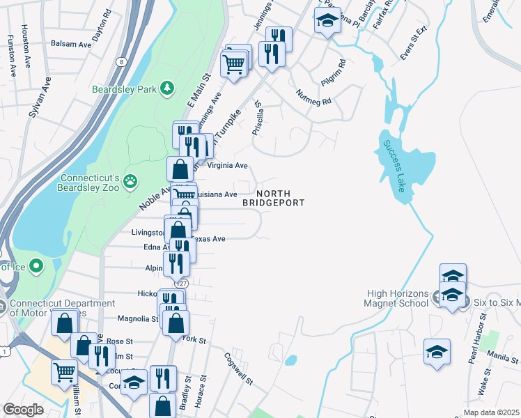 map of restaurants, bars, coffee shops, grocery stores, and more near 242 Louisiana Avenue in Bridgeport