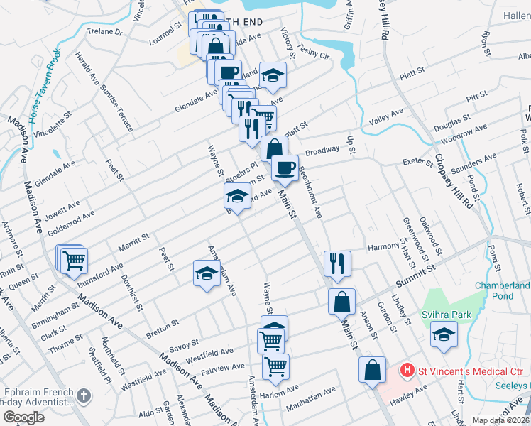 map of restaurants, bars, coffee shops, grocery stores, and more near 3543 Main Street in Bridgeport