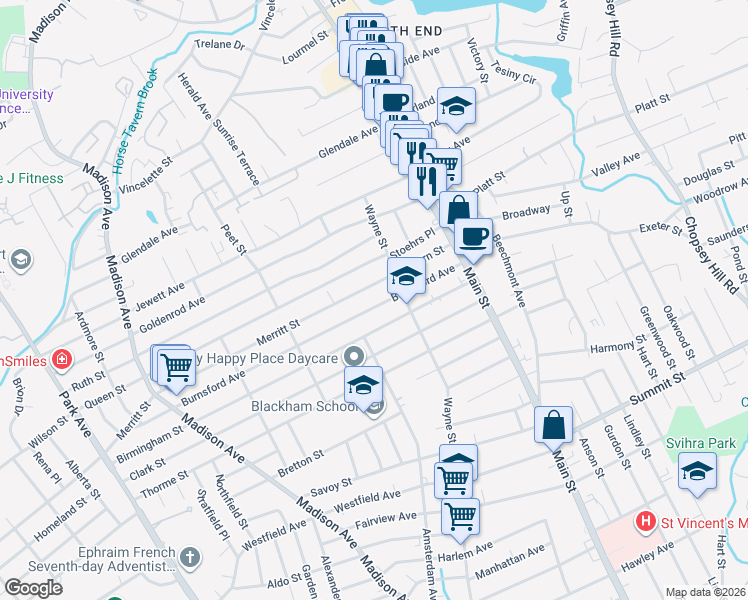 map of restaurants, bars, coffee shops, grocery stores, and more near 242 Merritt Street in Bridgeport