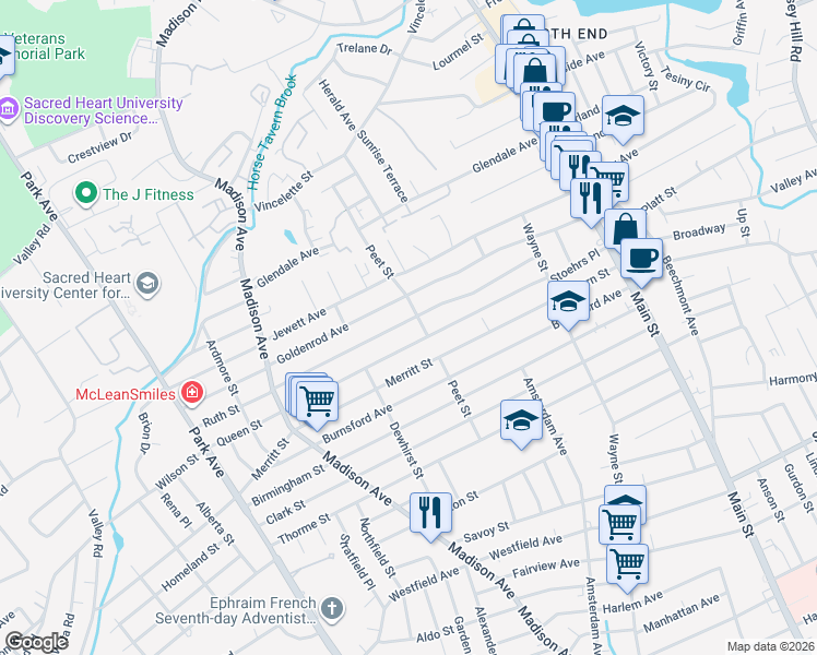 map of restaurants, bars, coffee shops, grocery stores, and more near 451 Goldenrod Avenue in Bridgeport