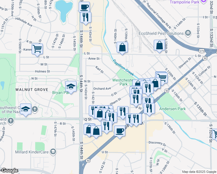 map of restaurants, bars, coffee shops, grocery stores, and more near 14123 N Street in Omaha