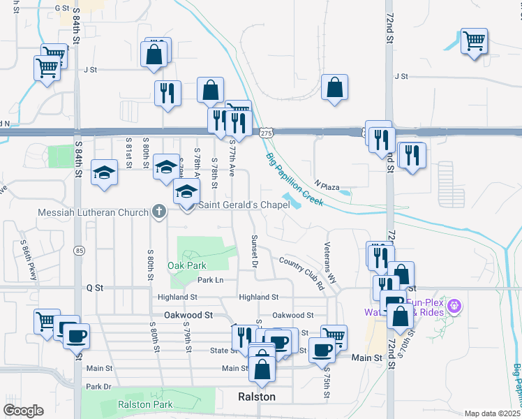 map of restaurants, bars, coffee shops, grocery stores, and more near 7510 Lakeview Street in Ralston