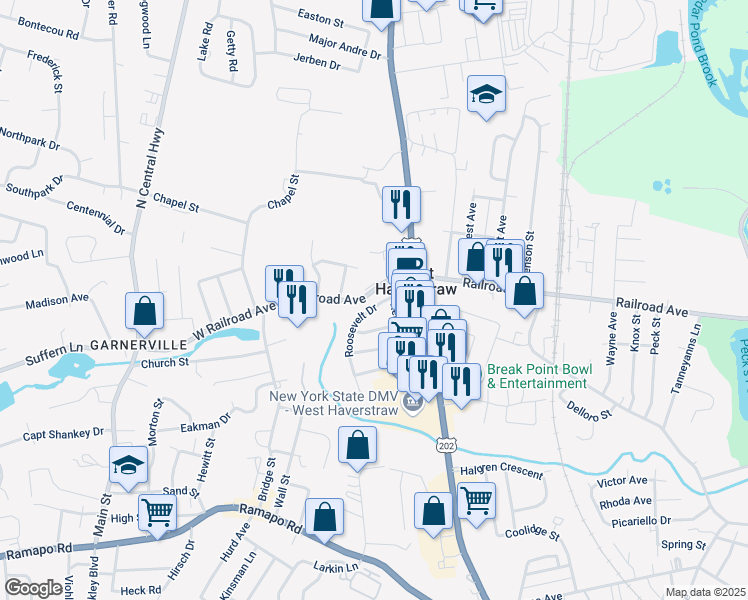 map of restaurants, bars, coffee shops, grocery stores, and more near 12 Roosevelt Drive in West Haverstraw