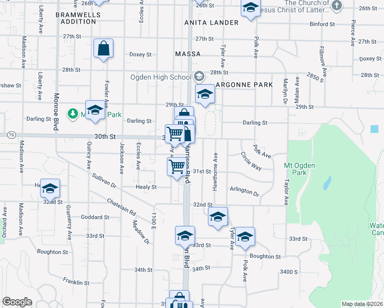 map of restaurants, bars, coffee shops, grocery stores, and more near 3040 Harrison Boulevard in Ogden
