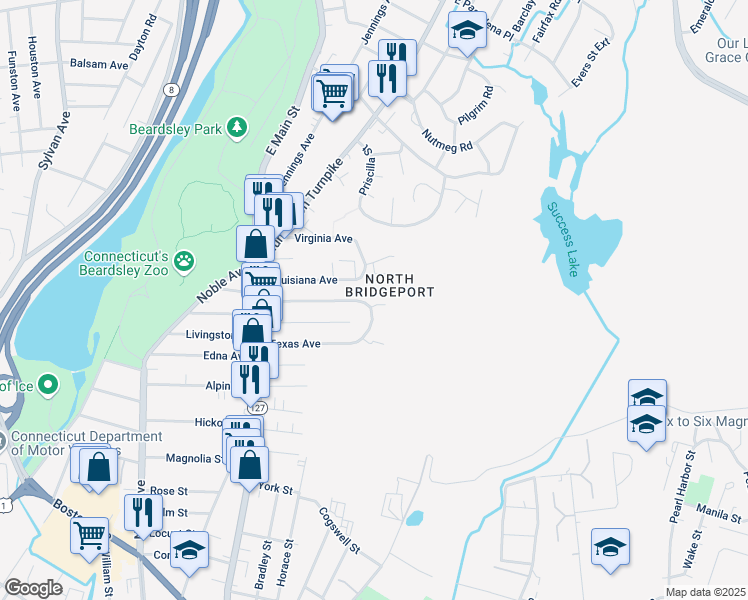map of restaurants, bars, coffee shops, grocery stores, and more near 25 Nob Hill Circle in Bridgeport