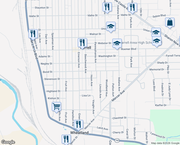 map of restaurants, bars, coffee shops, grocery stores, and more near 1012 Bond Street in Farrell