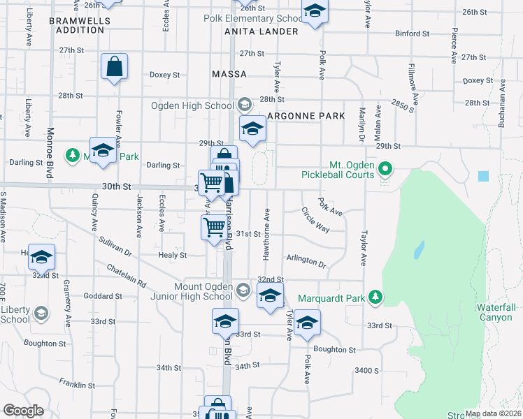 map of restaurants, bars, coffee shops, grocery stores, and more near 3037 Hawthorne Avenue in Ogden