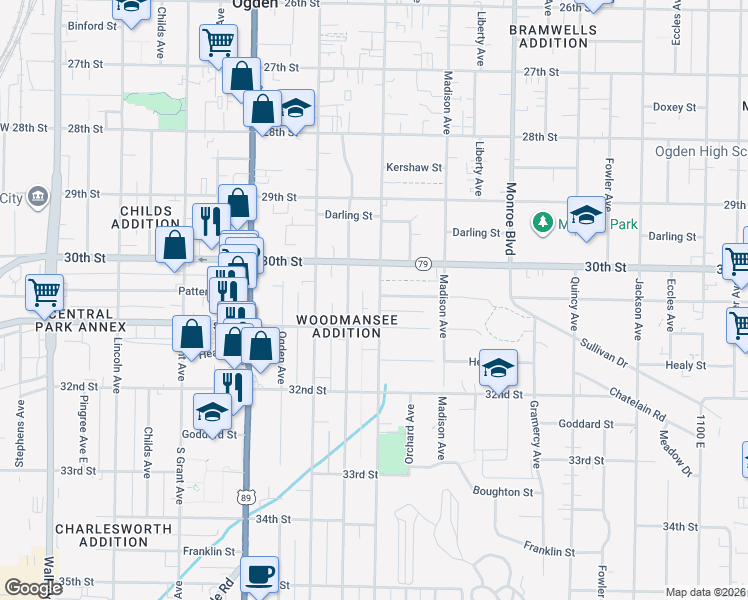 map of restaurants, bars, coffee shops, grocery stores, and more near 3049 Jefferson Avenue in Ogden