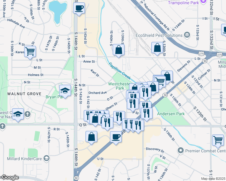 map of restaurants, bars, coffee shops, grocery stores, and more near 14012 Orchard Avenue in Omaha