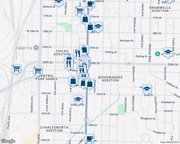 map of restaurants, bars, coffee shops, grocery stores, and more near 3026 Washington Boulevard in Ogden