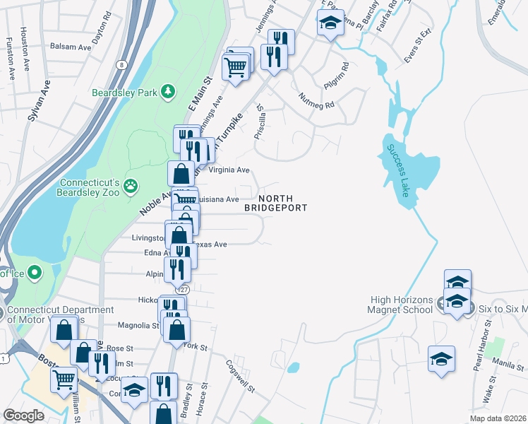 map of restaurants, bars, coffee shops, grocery stores, and more near 242 Louisiana Avenue in Bridgeport