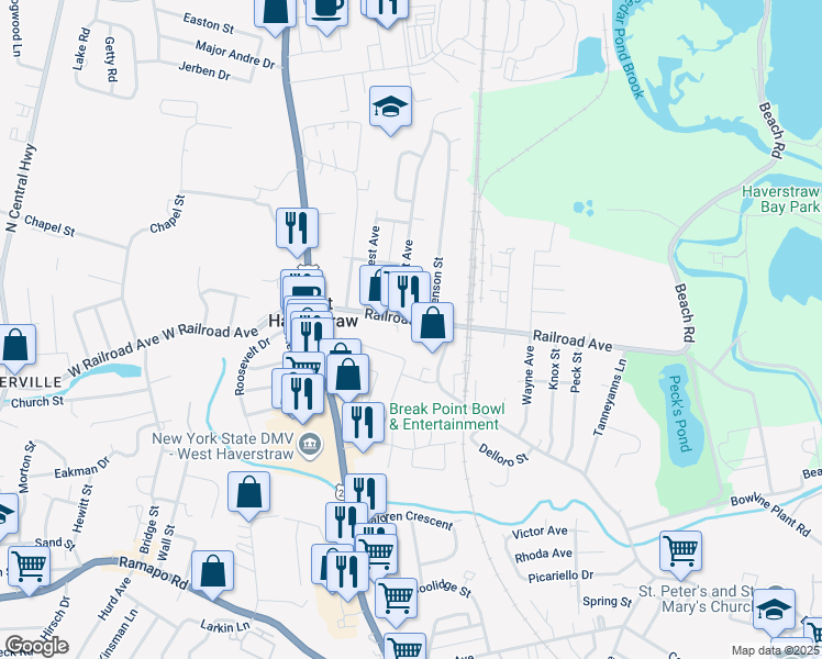 map of restaurants, bars, coffee shops, grocery stores, and more near 80 East Railroad Avenue in West Haverstraw