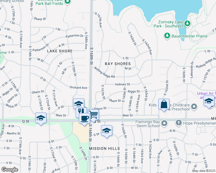 map of restaurants, bars, coffee shops, grocery stores, and more near 16606 Holmes Street in Omaha