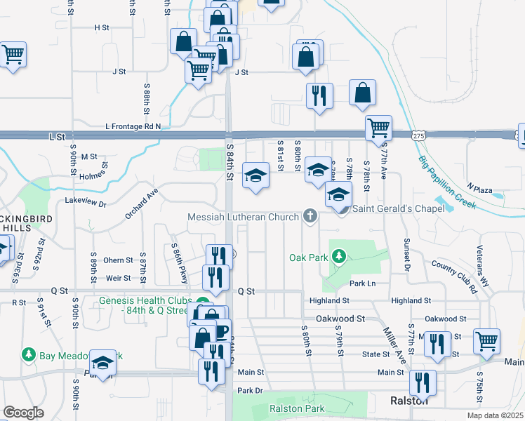 map of restaurants, bars, coffee shops, grocery stores, and more near 8202 Lakeview Street in Ralston