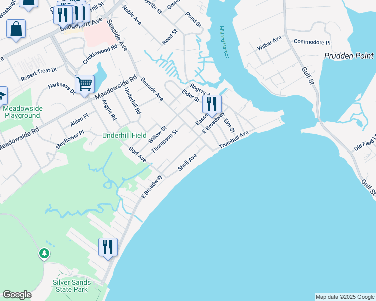 map of restaurants, bars, coffee shops, grocery stores, and more near 989 East Broadway in Milford