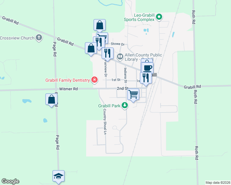map of restaurants, bars, coffee shops, grocery stores, and more near 13419 2nd Street in Grabill