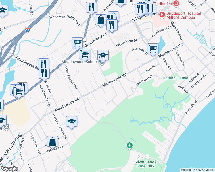 map of restaurants, bars, coffee shops, grocery stores, and more near 125 Seemans Lane in Milford