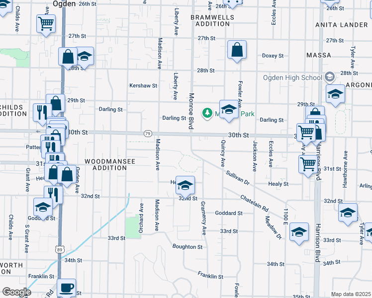 map of restaurants, bars, coffee shops, grocery stores, and more near 3023 Monroe Boulevard in Ogden