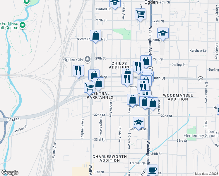 map of restaurants, bars, coffee shops, grocery stores, and more near 3033 Lincoln Avenue in Ogden