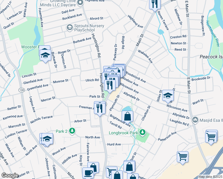 map of restaurants, bars, coffee shops, grocery stores, and more near 3563 Main Street in Stratford
