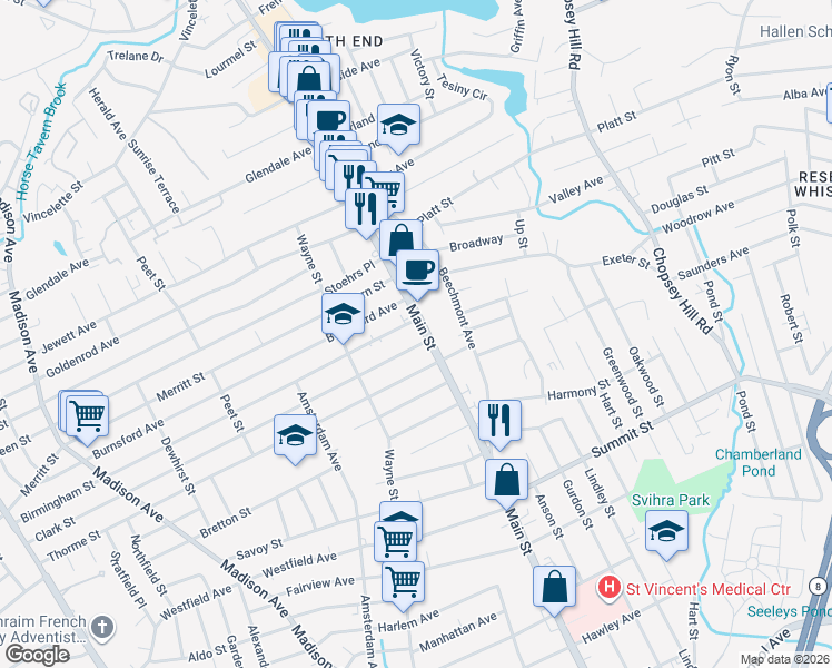 map of restaurants, bars, coffee shops, grocery stores, and more near in Bridgeport