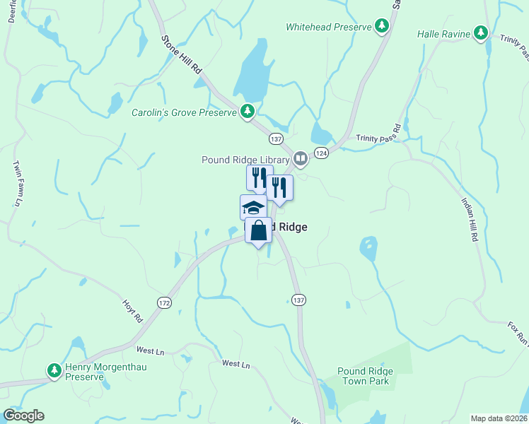 map of restaurants, bars, coffee shops, grocery stores, and more near 258 Westchester Avenue in Pound Ridge