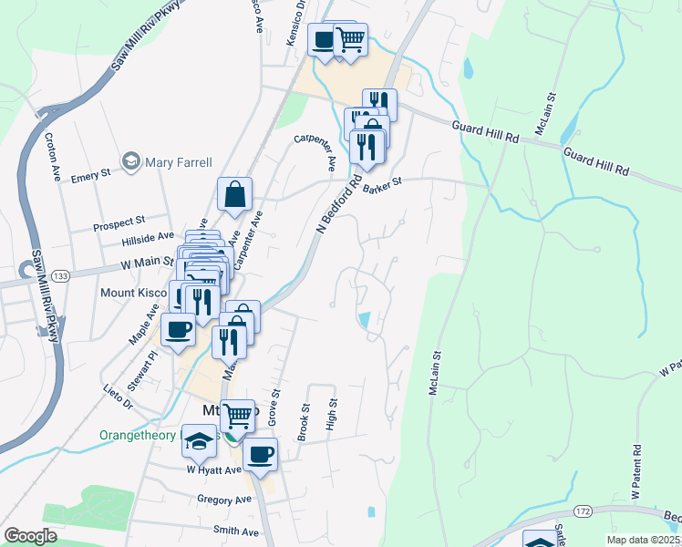map of restaurants, bars, coffee shops, grocery stores, and more near 2906 Canterbury Way in Mount Kisco