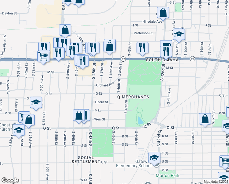 map of restaurants, bars, coffee shops, grocery stores, and more near 4955 South 46th Avenue in Omaha