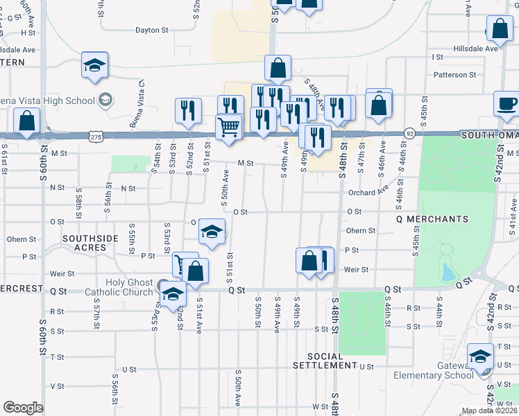 map of restaurants, bars, coffee shops, grocery stores, and more near 4925 South 50th Street in Omaha