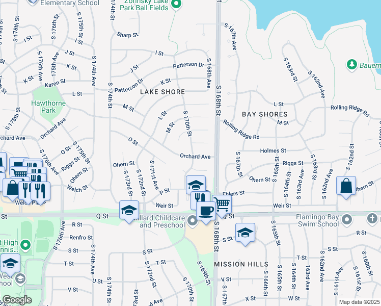 map of restaurants, bars, coffee shops, grocery stores, and more near 4912 South 170th Street in Omaha
