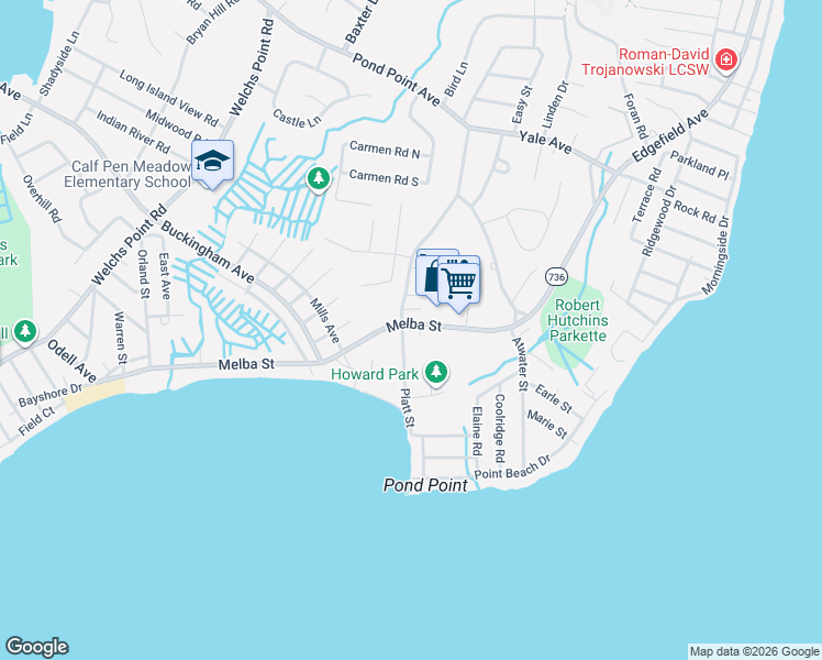 map of restaurants, bars, coffee shops, grocery stores, and more near 204 State Highway 736 in Milford