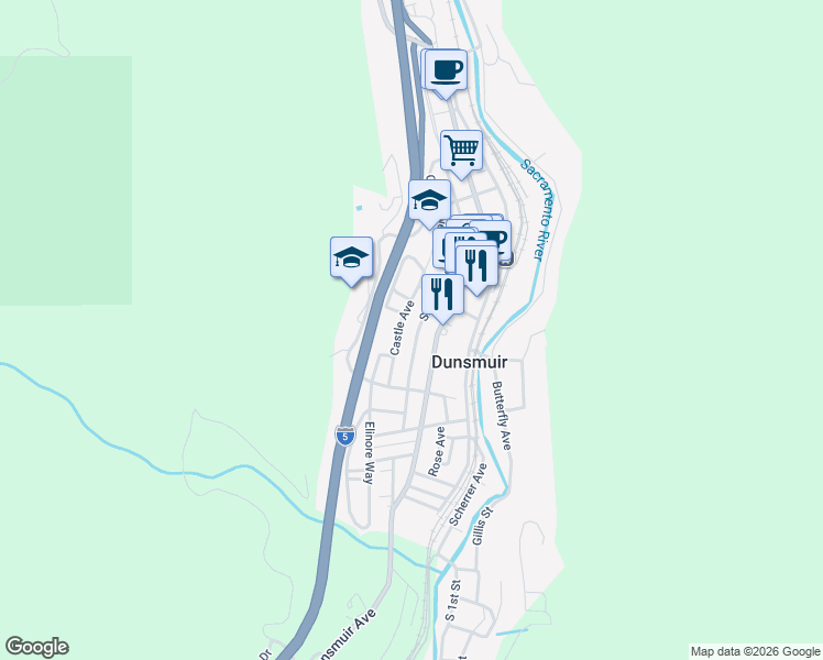 map of restaurants, bars, coffee shops, grocery stores, and more near 5923 Shasta Avenue in Dunsmuir