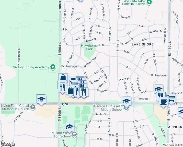 map of restaurants, bars, coffee shops, grocery stores, and more near 17520 O Street in Omaha