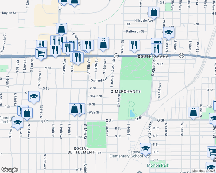 map of restaurants, bars, coffee shops, grocery stores, and more near 4955 South 46th Avenue in Omaha