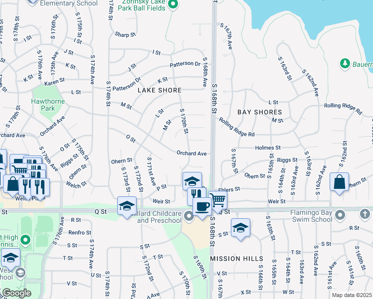 map of restaurants, bars, coffee shops, grocery stores, and more near 4912 South 170th Street in Omaha