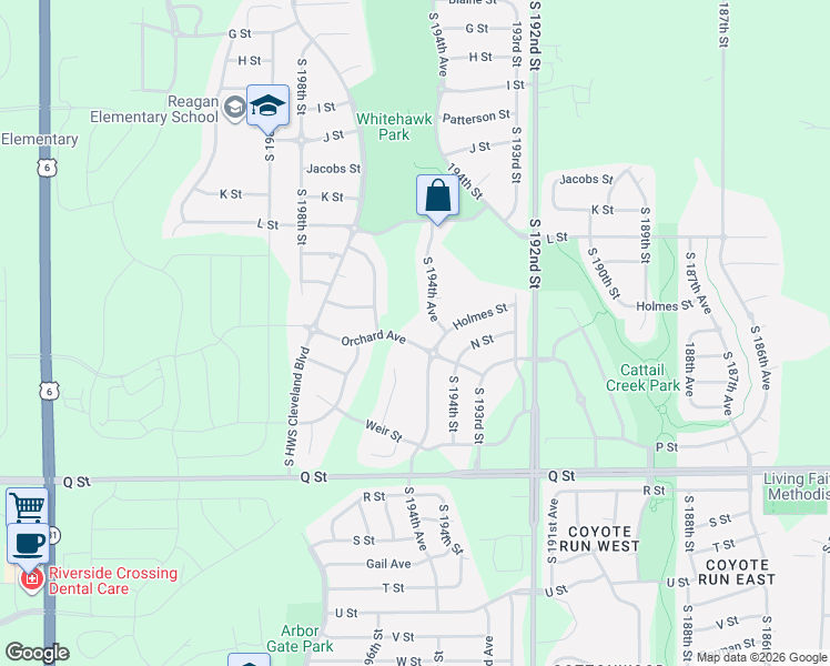 map of restaurants, bars, coffee shops, grocery stores, and more near 19474 Orchard Avenue in Omaha