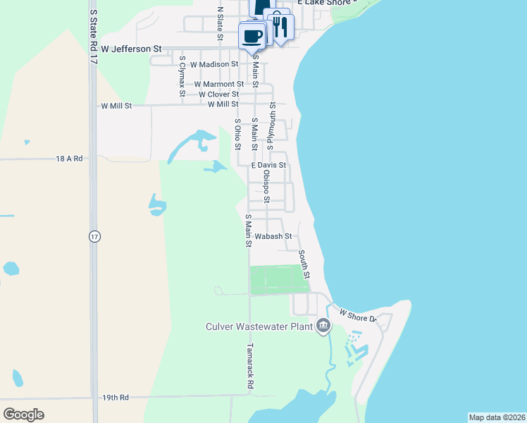map of restaurants, bars, coffee shops, grocery stores, and more near 801 South Main Street in Culver