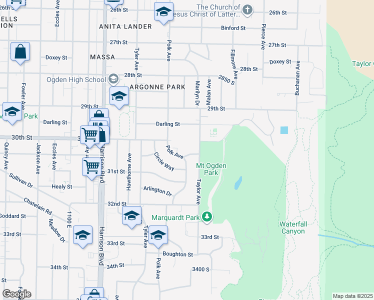 map of restaurants, bars, coffee shops, grocery stores, and more near 3000 Polk Avenue in Ogden