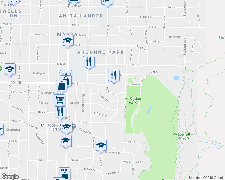 map of restaurants, bars, coffee shops, grocery stores, and more near 3000 Polk Avenue in Ogden