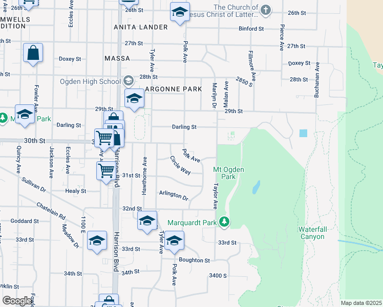 map of restaurants, bars, coffee shops, grocery stores, and more near 3000 Polk Avenue in Ogden