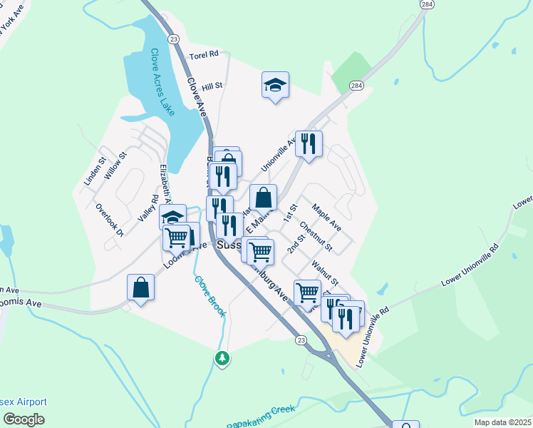 map of restaurants, bars, coffee shops, grocery stores, and more near 29a East Main Street in Sussex